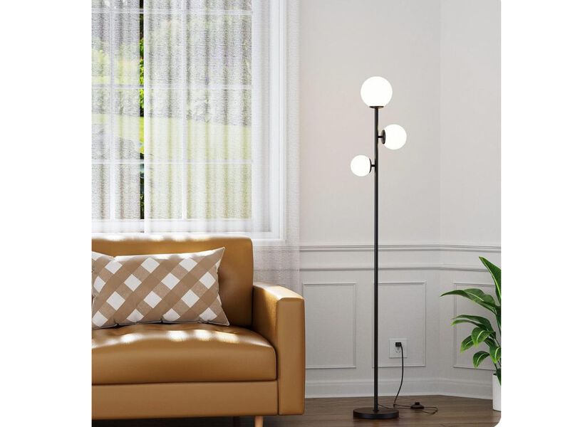 3-Light Floor Lamp &ndash; Black Metal Frame, Frosted Glass Shades