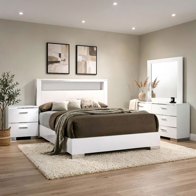 Aman 4pc Queen Bedroom Set, LED Headboard with Shelf, White Wood image number 6