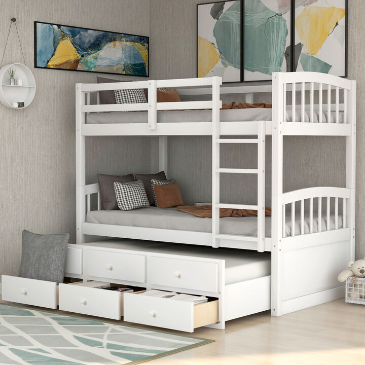 Twin Bunk Bed with Ladder, Safety Rail, Twin Trundle Bed with 3 Drawers for Teens Bedroom, Guest Room Furniture(White)