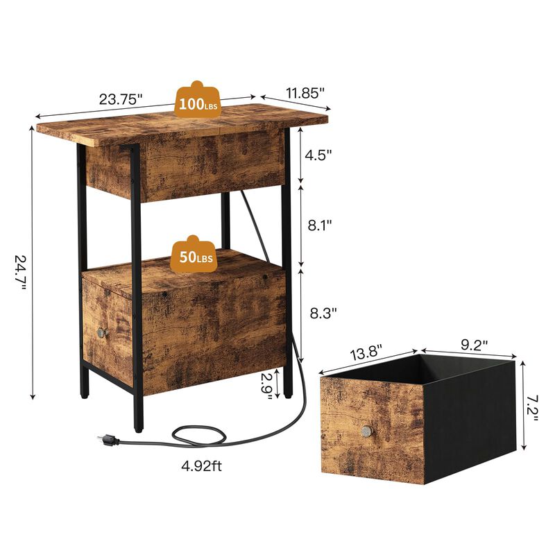 SOOWERY End Table with Charging Station, Narrow Side Table with Flip Top Cabinet and Fabric Drawer, Nightstand Bedside Tables fo