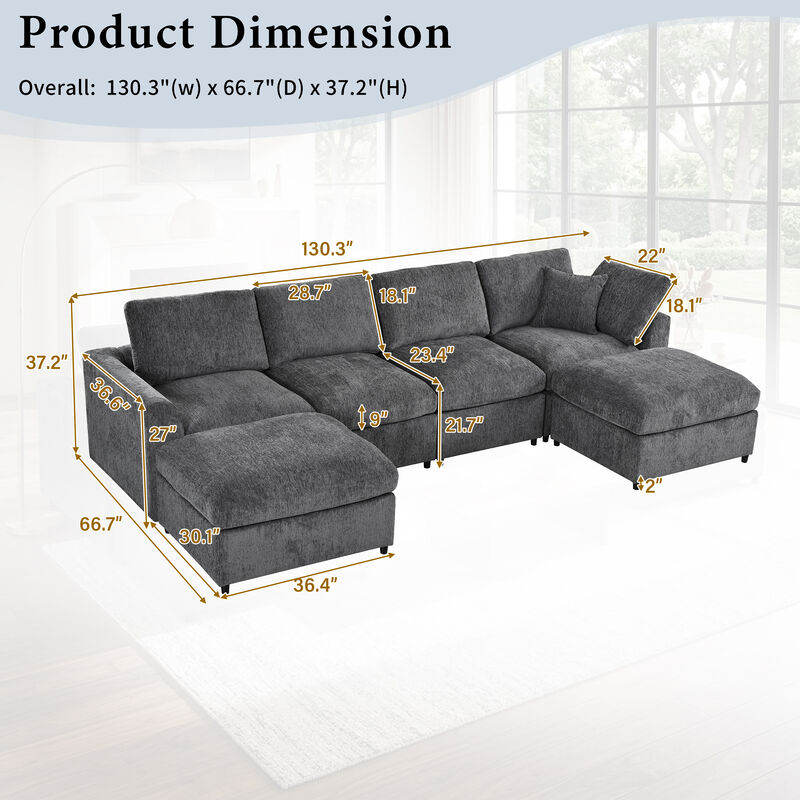 Merax Large 6-Seater Chenille Sectional Sofa with 2 Ottomans, High-Density Foam & Pocket Springs image number 5
