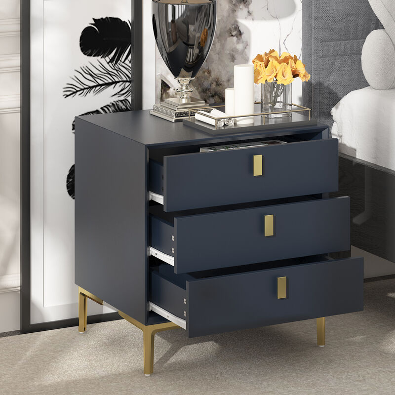Black 3-Drawers 19.6 in. Width x 21.3 in. Height Wooden Nightstand, Bed Side Table with Golden Legs for Bedside Storage image number 2