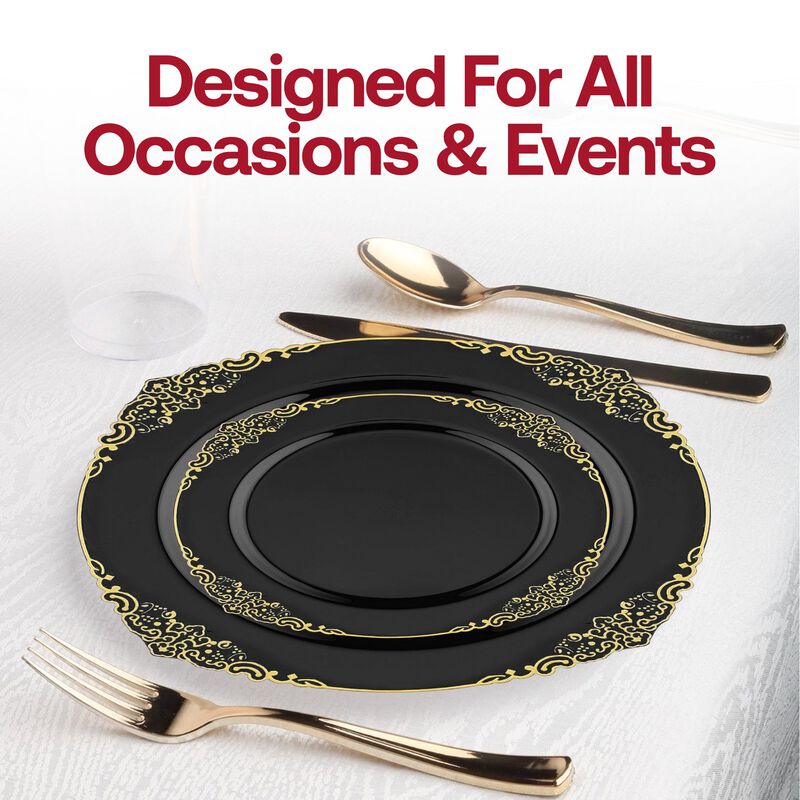 10.25" Black with Gold Fancy Round Plastic Dinner Plates (120 Plates) image number 6