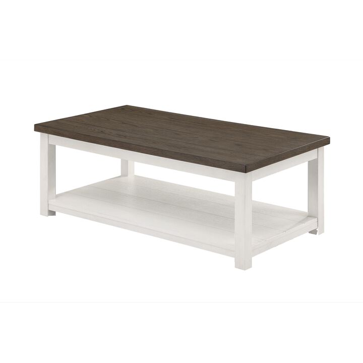 Mon 48 Inch Rectangular Coffee Table, Bottom Shelf, Brown Top, White Frame