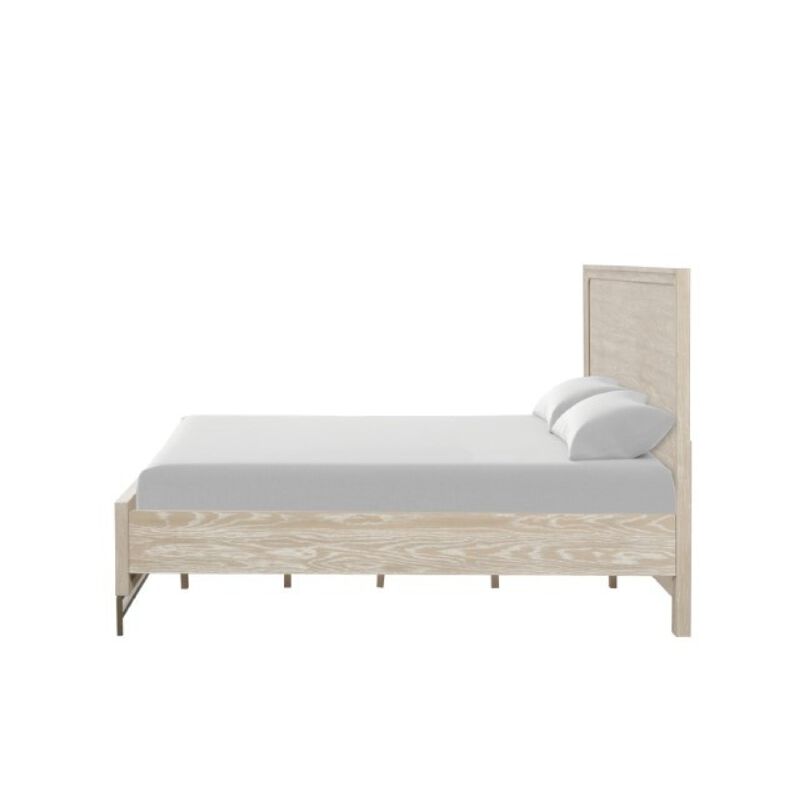 Rozie King Bed with Panel Style Headboard, Metal Legs, Light Oak Wood - Benzara