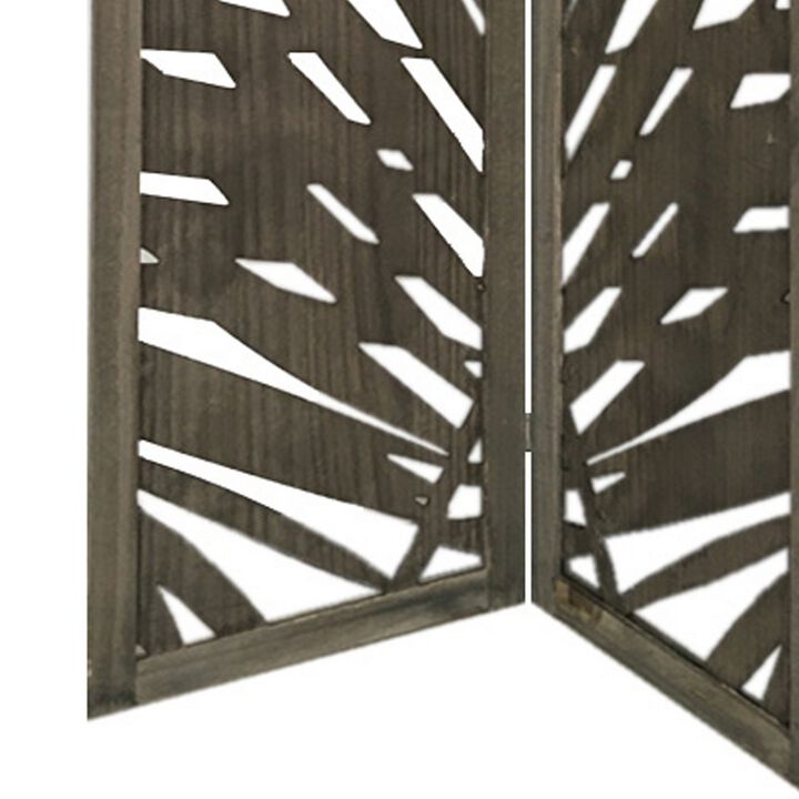 3 Panel Wooden Screen with Laser Cut Tropical Leaf Design, Gray-Benzara