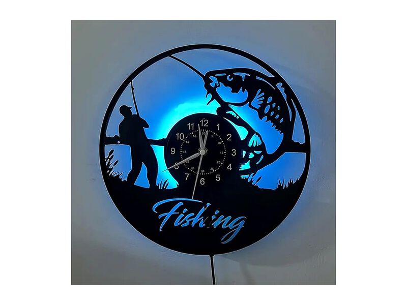 Fisherman LED Digital Vinyl Fishing Scene Wall Clock Silent Non Ticking image number 0