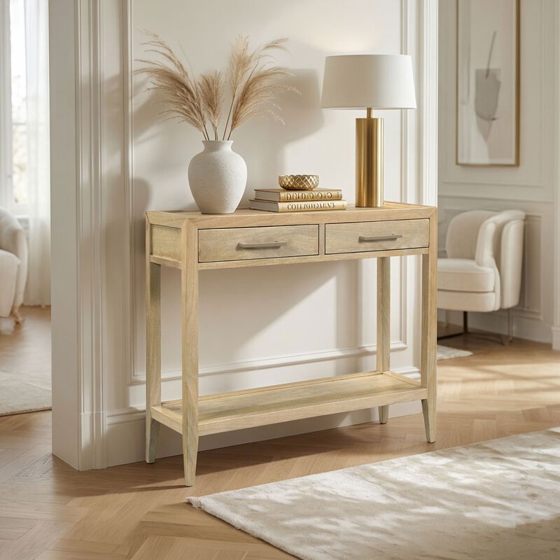 Unya 36 Inch Sofa Console Table with Shelf, 2 Drawers, Natural Brown Mango Wood, Organic Decor image number 7