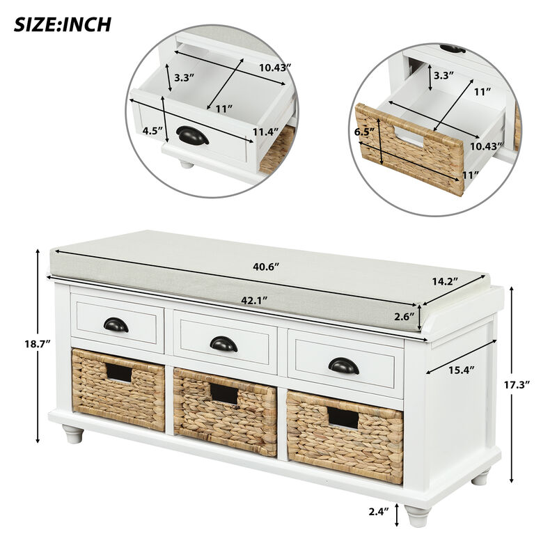 Whisen Rustic Storage Bench with 3 Drawers and 3 Rattan Baskets - White Washed
