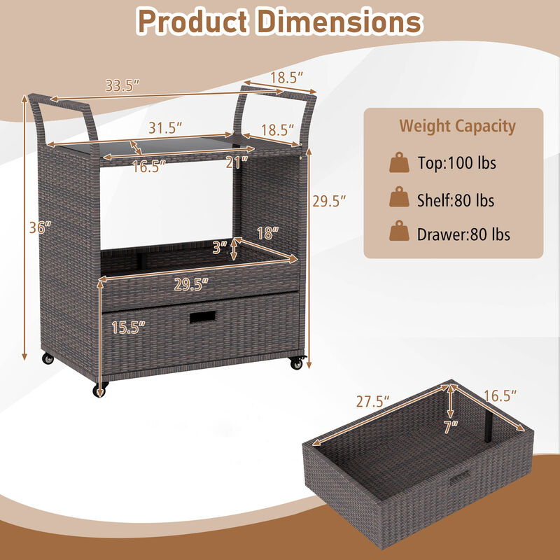 Outdoor Rattan Bar Cart Table with Tempered Glass Top and Storage-Mix Brown image number 2