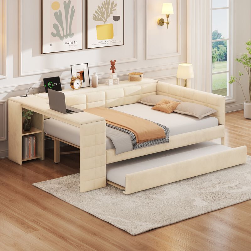 Merax Full Size Upholstered Platform Bed with Storage Shelves