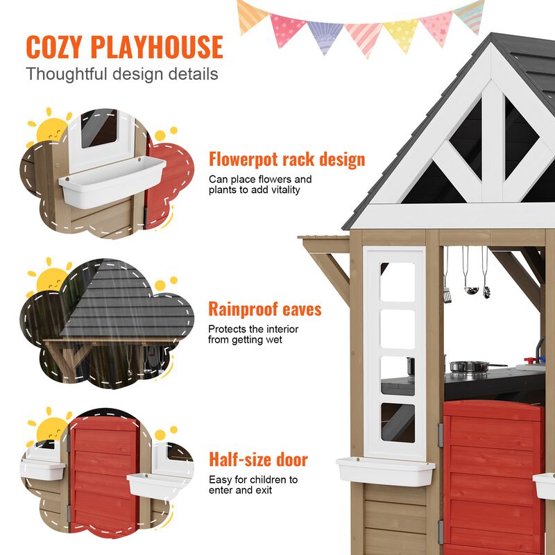 Outdoor Wooden Playhouse Kids Garden Games Cottage with Door Window Sink