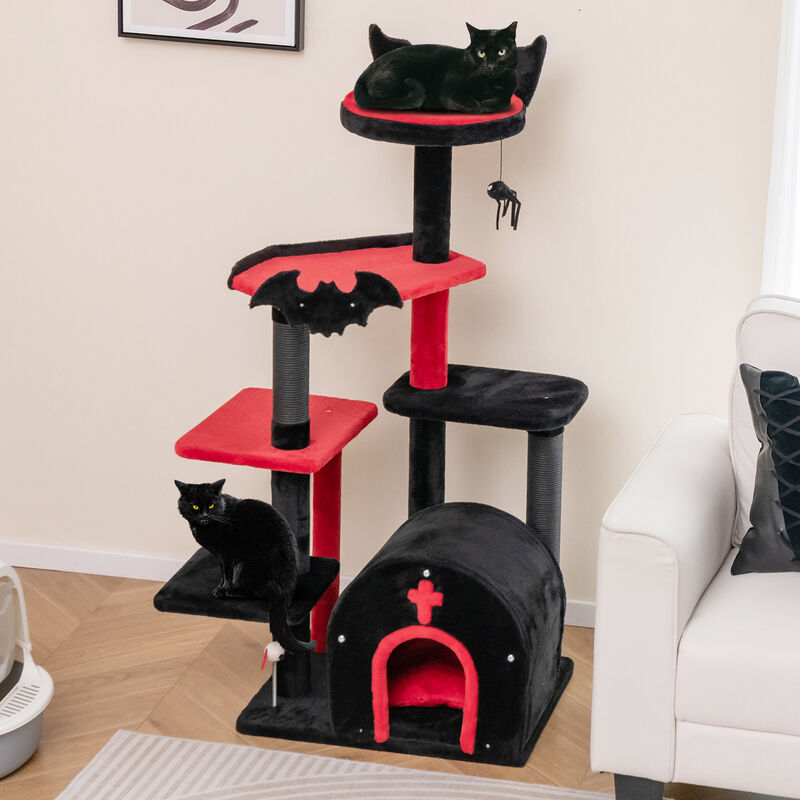 Gothic Cat Tree 53 Inch Tall Cat Tower with Cat Bed and Arch-Shaped Condo