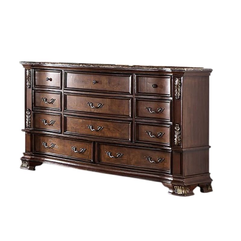 Prio Wide Dresser, 11 Drawers, Marble Top, Carved Cherry Brown Wood
