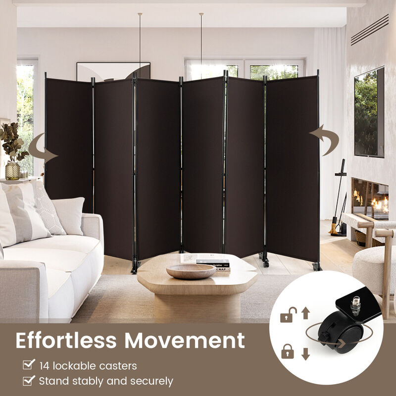 6 Panel Folding Room Divider Screen on Lockable Wheels for Home and Office Use-Walnut image number 3