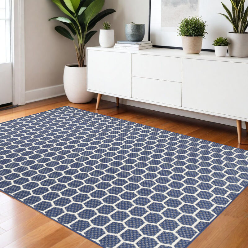 HomeRoots 4' X 6' Navy Blue And Ivory Geometric Indoor Outdoor Area Rug image number 1