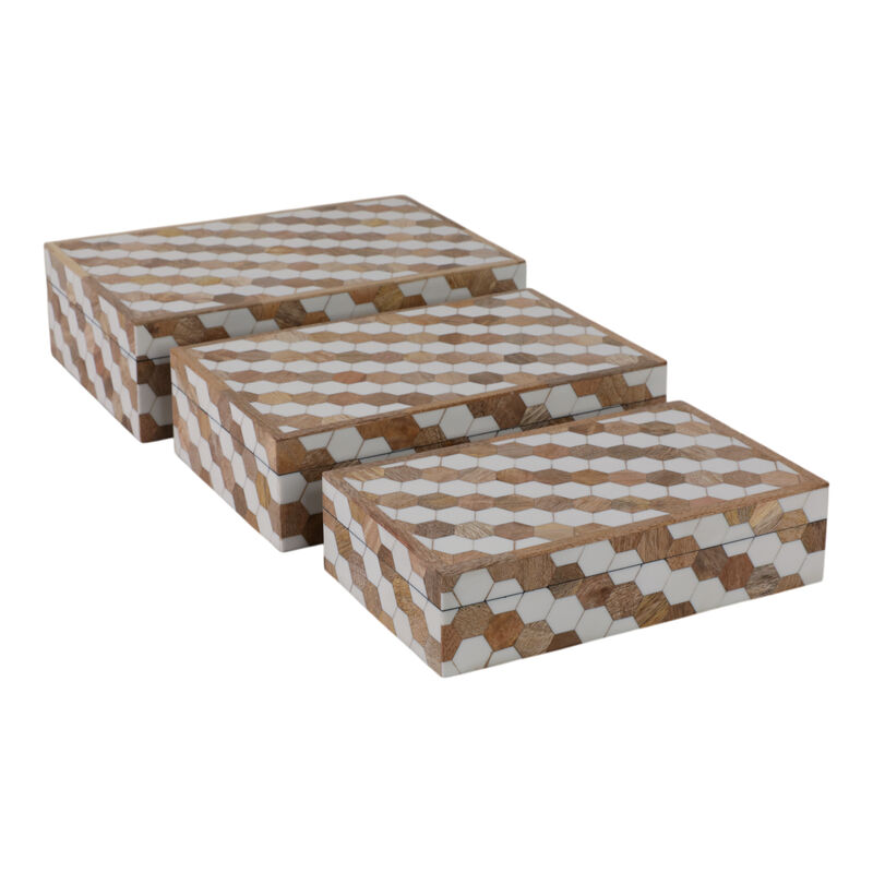 S/3 10/11/12" Hexagon Inlay Boxes, White image number 0
