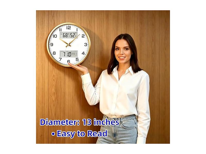 Gold Calendar Temperature Humidity Wall Clock 13 Inch Silent Battery Operated image number 3