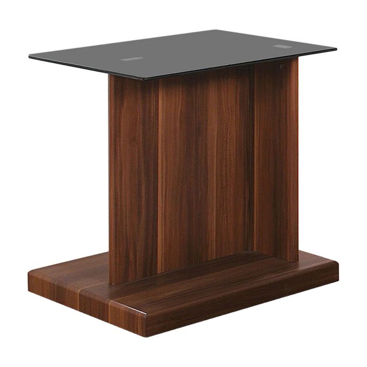 Liam 22 Inch Square Side End Table, Brown Wood, Pedestal Base, Glass Top-Benzara