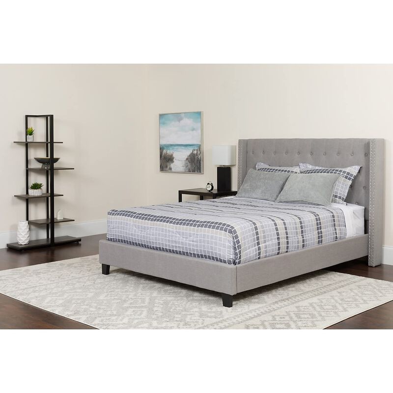 Riverdale King Size Tufted Upholstered Platform Bed in Light Gray Fabric with Pocket Spring Mattress