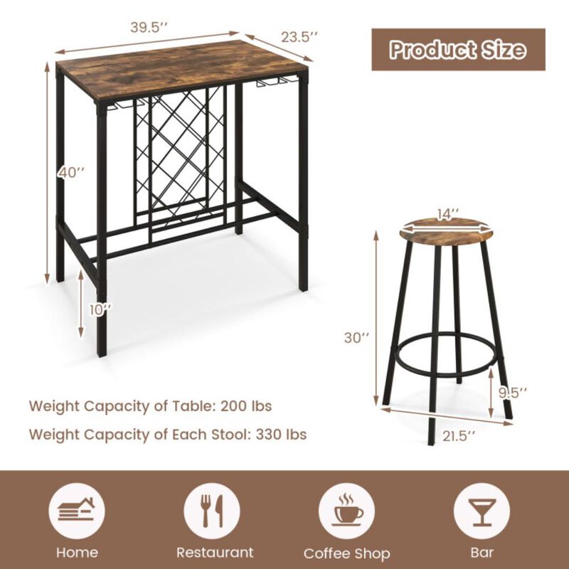 Hivvago 5 Pieces Bar Table and Stools Set with Wine Rack and Glass Holder