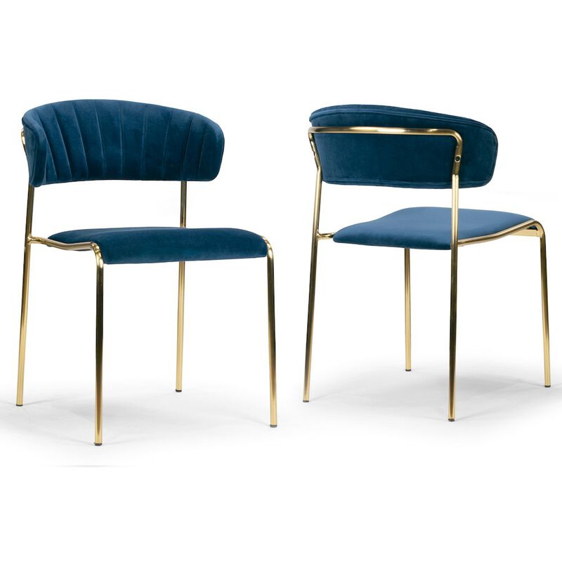 Glamour Home Set of 2 Blue Velvet Dining Chair Golden Metal Legs