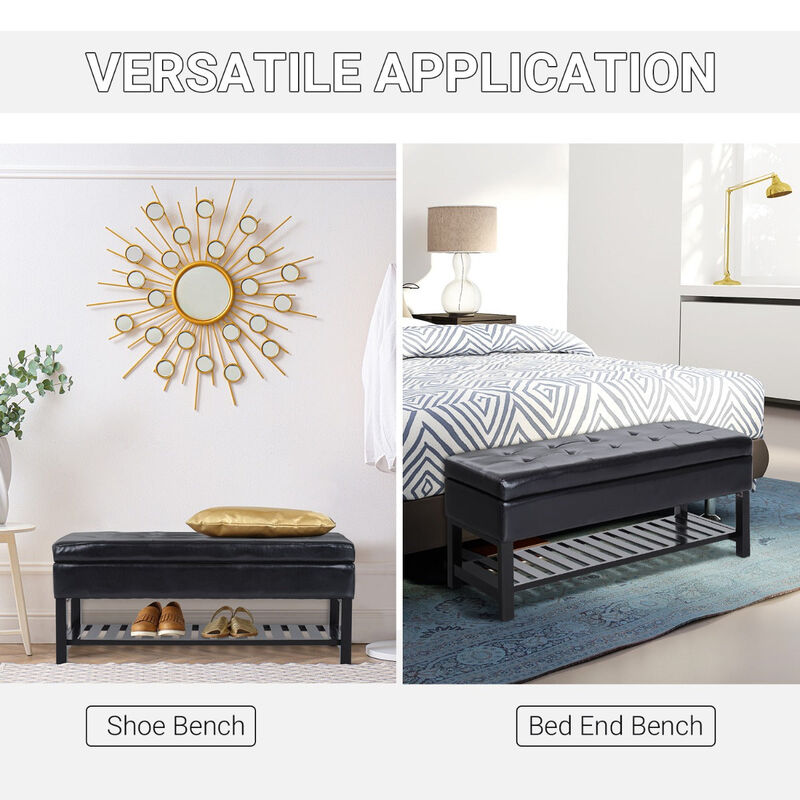 Sleek Seating Storage: 44" Black Tufted Faux Leather Ottoman with Shoe Rack