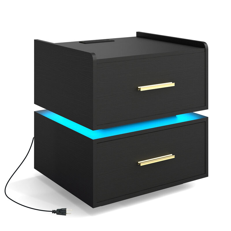 Modern Nightstand with LED Light, Charging Station and 2 Storage Drawers image number 0
