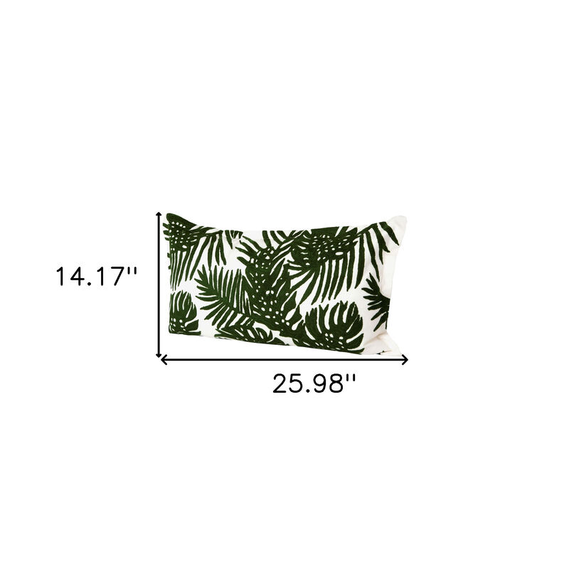 HomeRoots 13" X 21" Green And White Tropical Botanical Linen Throw Pillow Cover with Embroidery image number 3