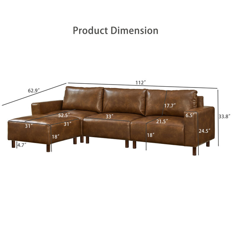 Venund Mid‑Century Modern Breathable Faux‑Leather Sectional Sofa image number 9