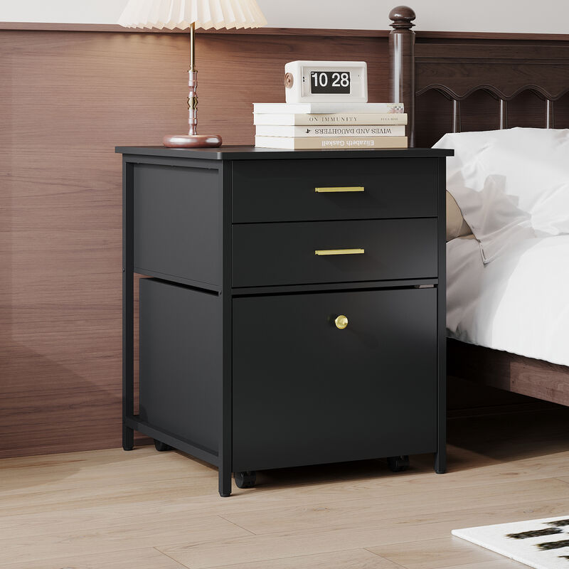 FUFU&GAGA Compact Nightstand, Black Laminate with Gold Handles, (21.7"W x 22.8"D x 27"H), with Pull-out Drawers and Rolling Casters
