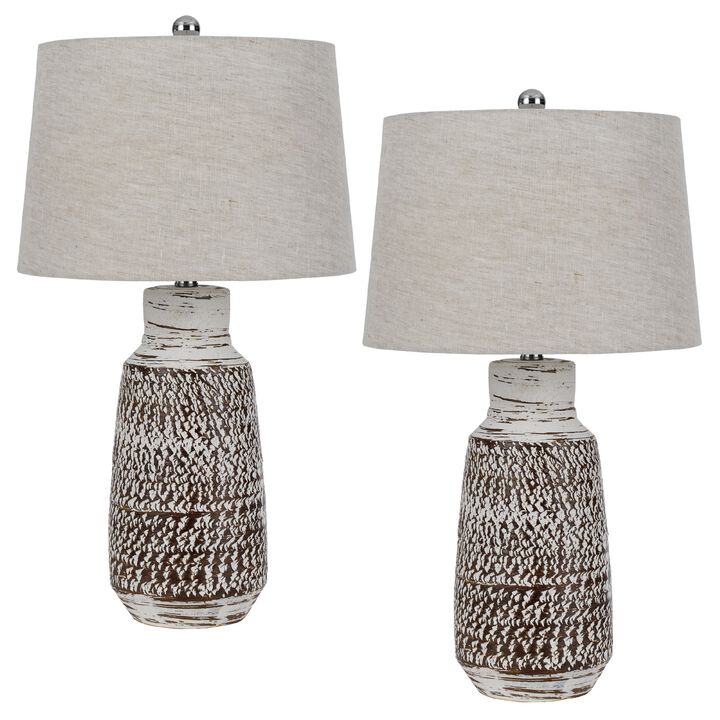 Bora Table Lamp Set of 2, Burlap Shade, Brown Ceramic, Distressed White