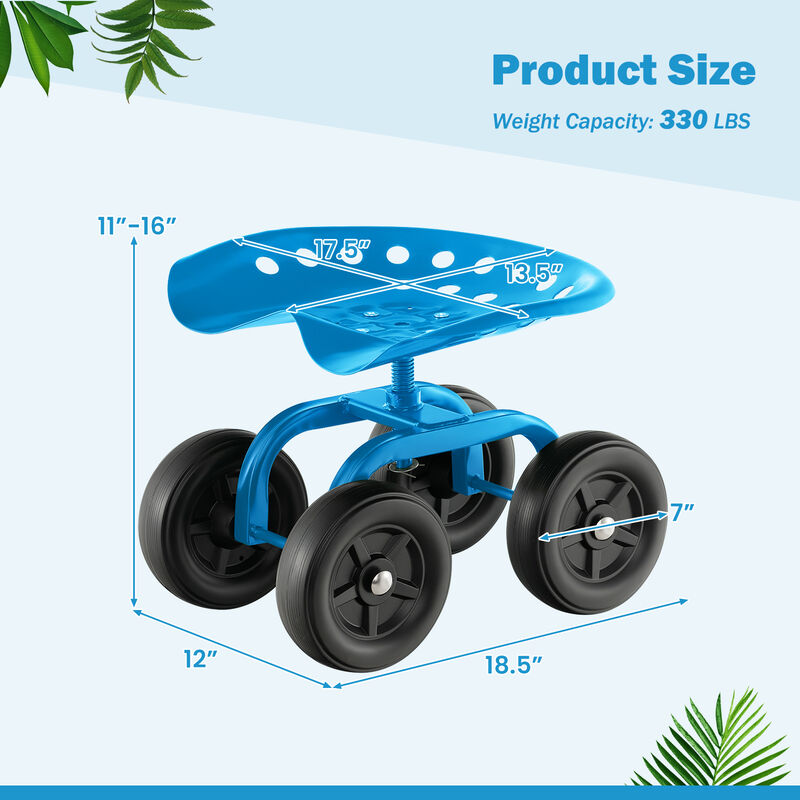 Garden Rolling Workseat with 360&deg;Swivel Seat and Adjustable Height