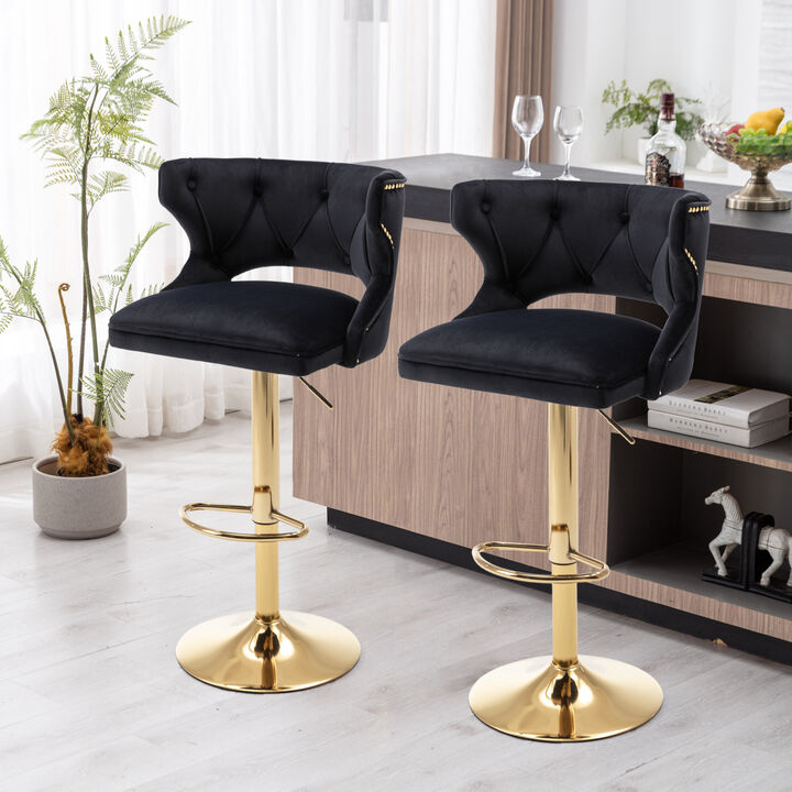 Bar Stools With Back and Footrest Counter Height Dining Chairs-Velvet Black-2 PCS/SET