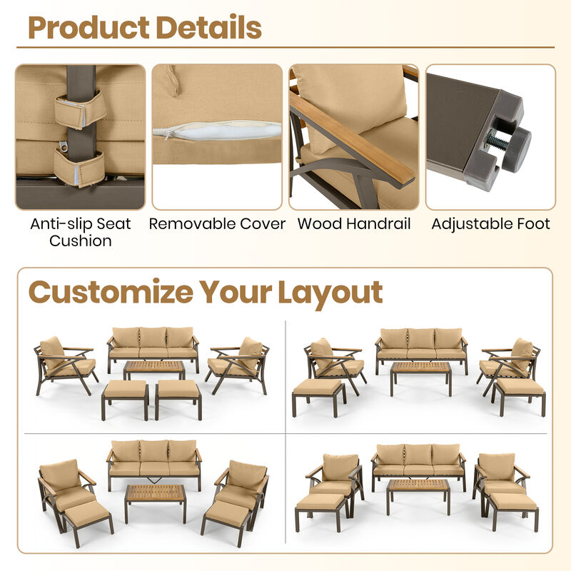 Merax 6-Piece Patio Conversation Set with Acacia Wood, Steel Frame & Removable Cushions image number 5