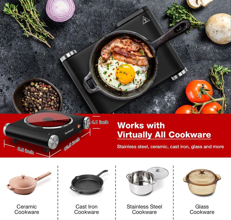 Techwood Single Burner for Cooking, 1200W Portable Infrared Ceramic Electric Stove with Adjustable Temperature, 7.1&rdquo; Cooktop for Home/RV/Camp