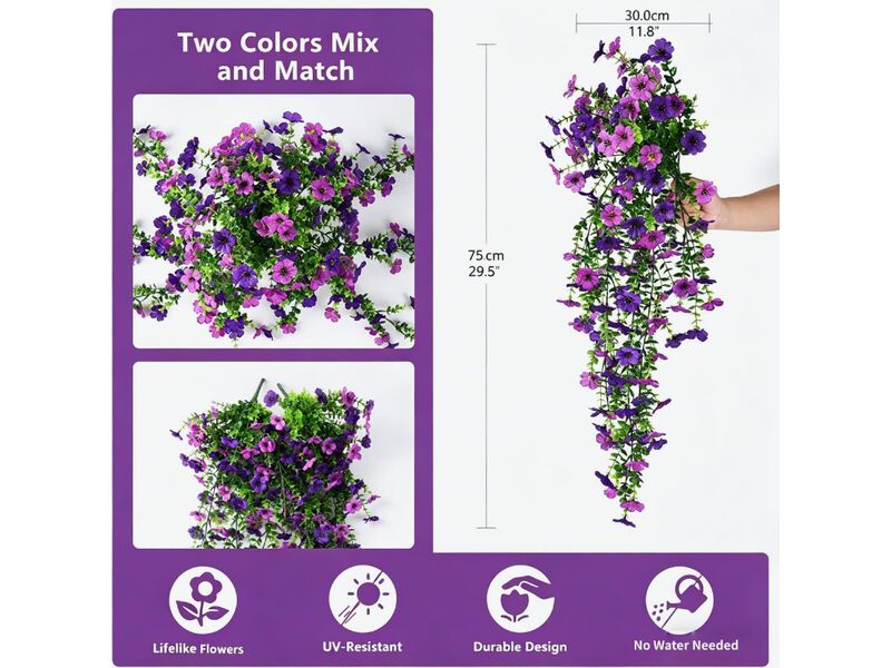 2 Piece Purple Artificial Hanging Daisy Flowers UV Resistant Outdoor Garden image number 2