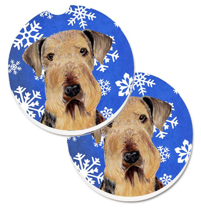 Caroline's Treasures Airedale Winter Snowflakes Holiday Set of 2 Cup Holder Car Coasters SC9373CARC, 2.56, Multicolor