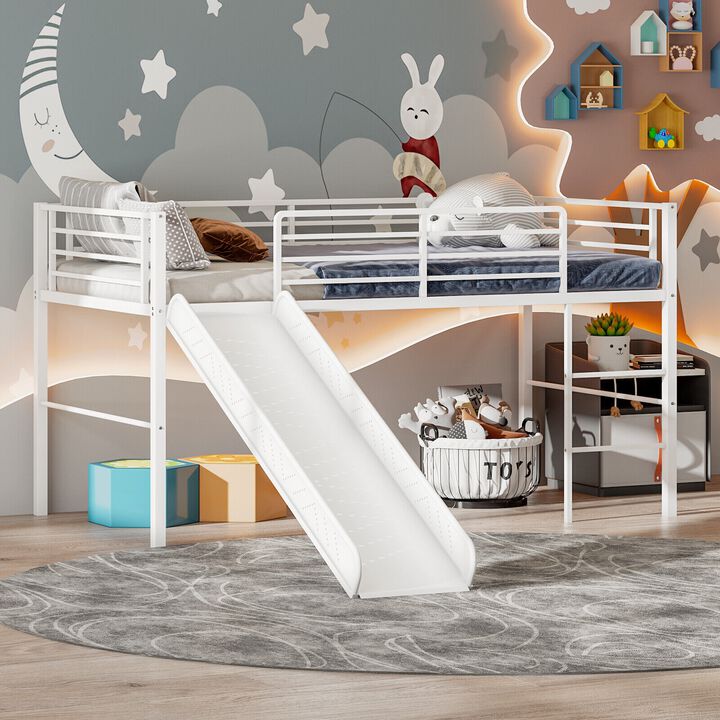 Twin Metal Loft Bed with Slide Safety Guardrails and Built-in Ladder
