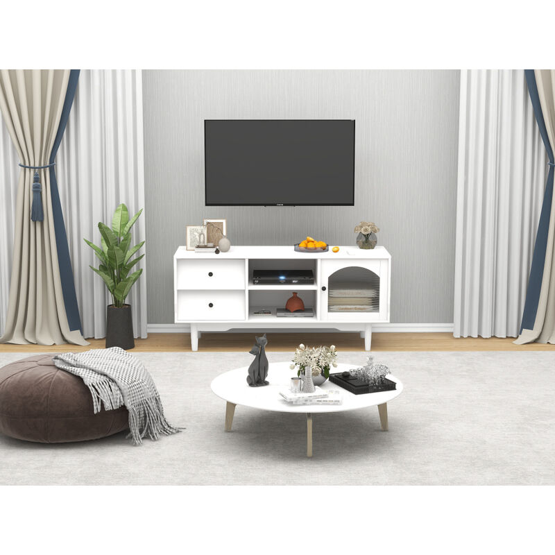 Living Room White TV Stand with Drawers and Open Shelves, A Cabinet with Glass Doors for Storage