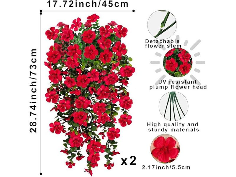2 Bundle Red Artificial Hanging Geranium Flowers UV Resistant Outdoor Window Box image number 2