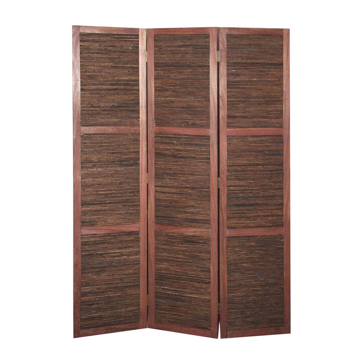 Wooden 3 Panel Room Divider with Horizontal Bamboo Stripes, Dark Brown-Benzara