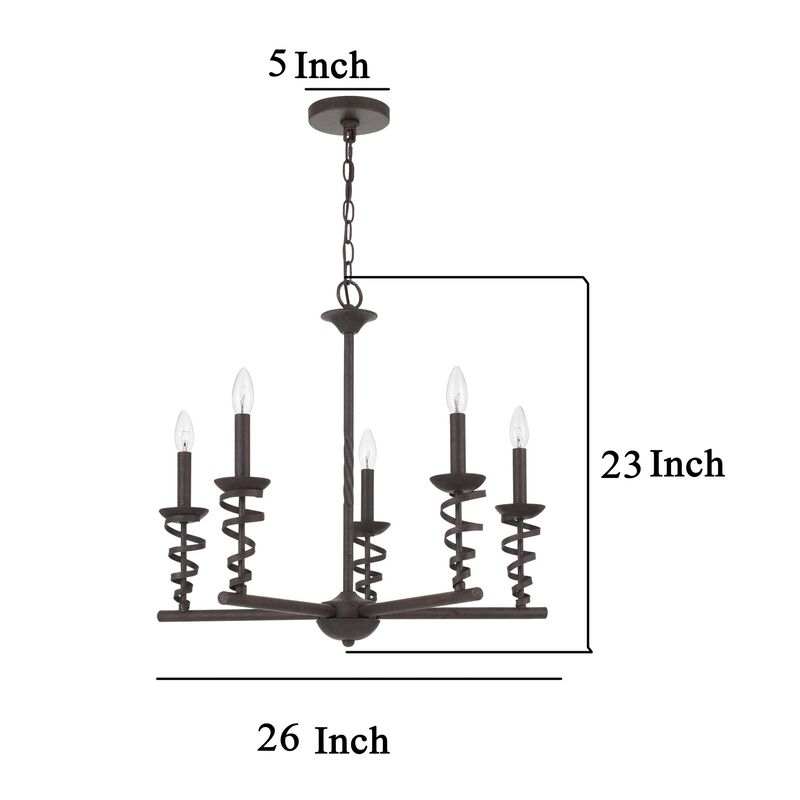 Bah 26 Inch Chandelier, Spiral Candelabra w Hanging Chain, Black - Benzara