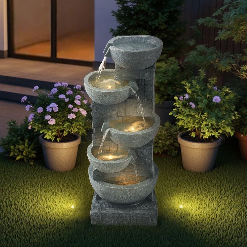 5-Tier Outdoor Water Fountain with LED Light, Cascading Bowl Design for Garden Patio image number 1