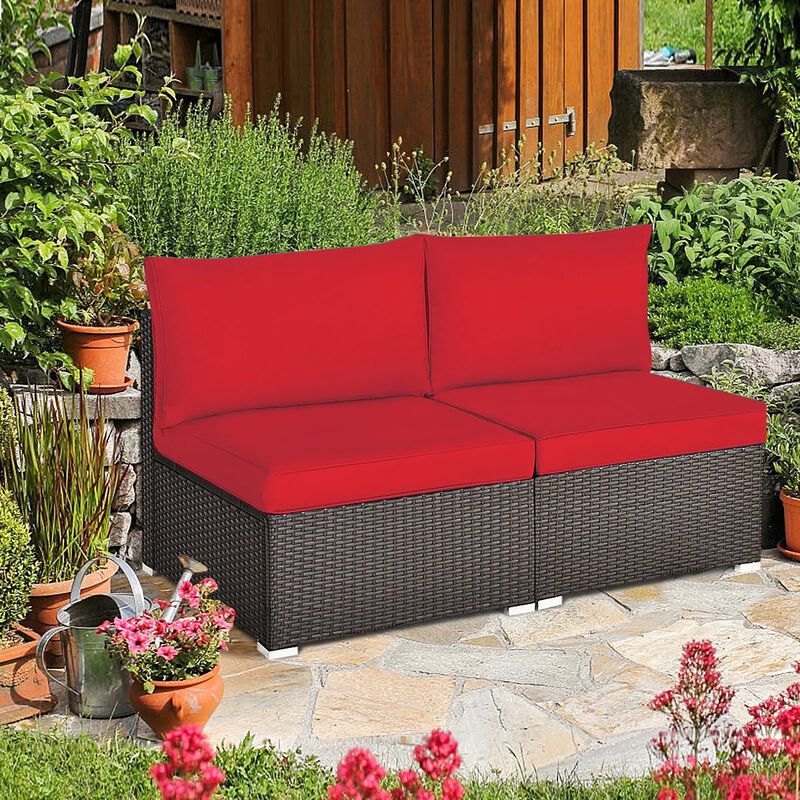 Mondawe 2 Pieces Patio Rattan Armless Sofa Set with 2 Cushions and 2 Pillows