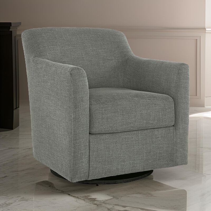 Leena Swivel Accent Chair, Gray Polyester, Shelter Style Arms, Black Wood