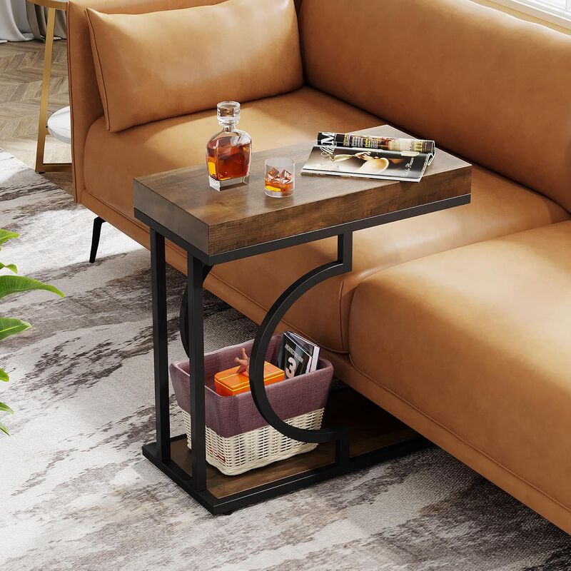 Tribesigns Narrow C Table, Modern End Table and Bedside Table with Metal Frame, Faux Marble Side Table for Living Room and Bedroom, Small Sofa Table, Brown and Black, Holds 22 lb image number 5