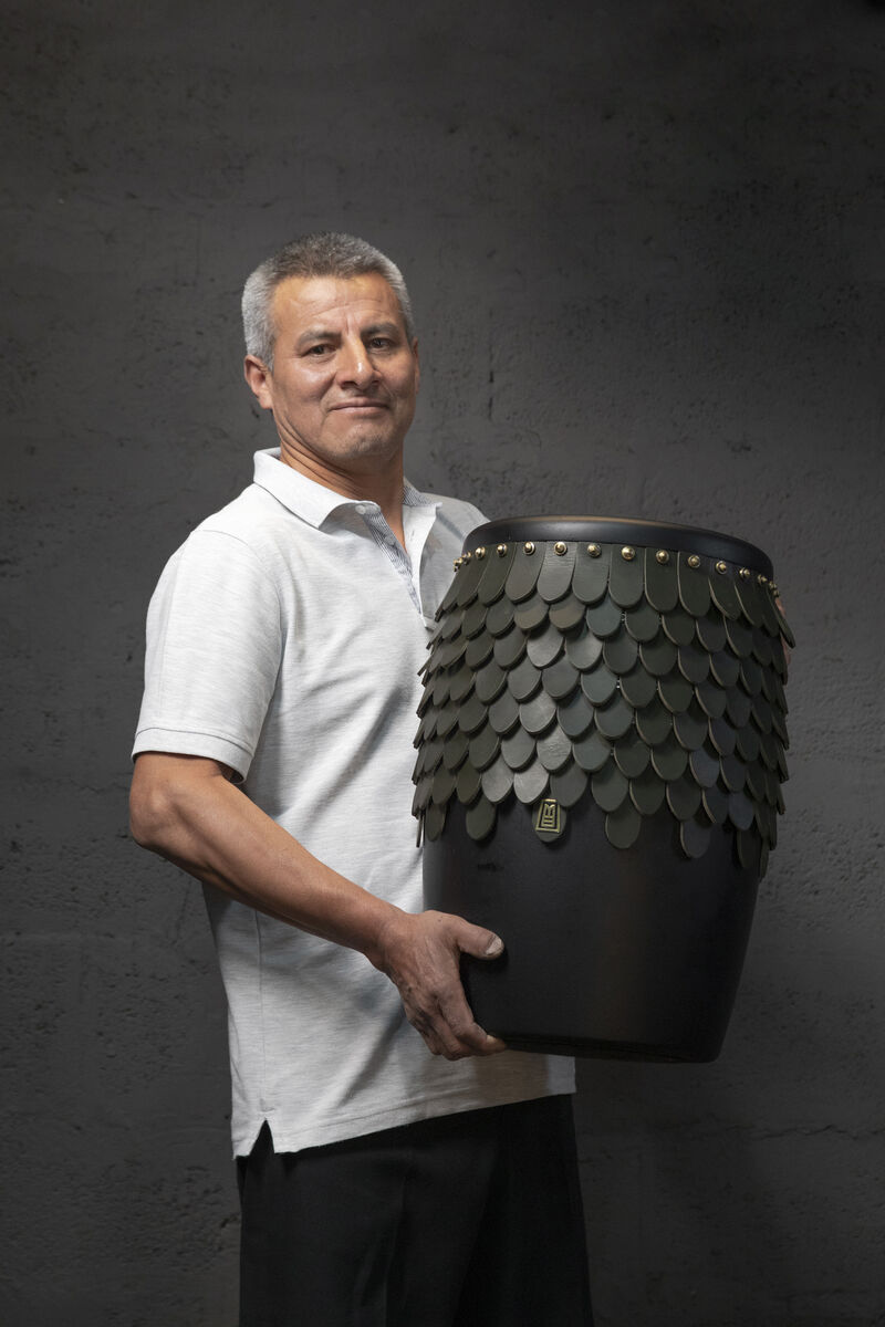 SITIERA_01 Solid Wood Stool, with Olivo Thick Leather Accents, and Aged Bronze by ANDEAN, In Stock