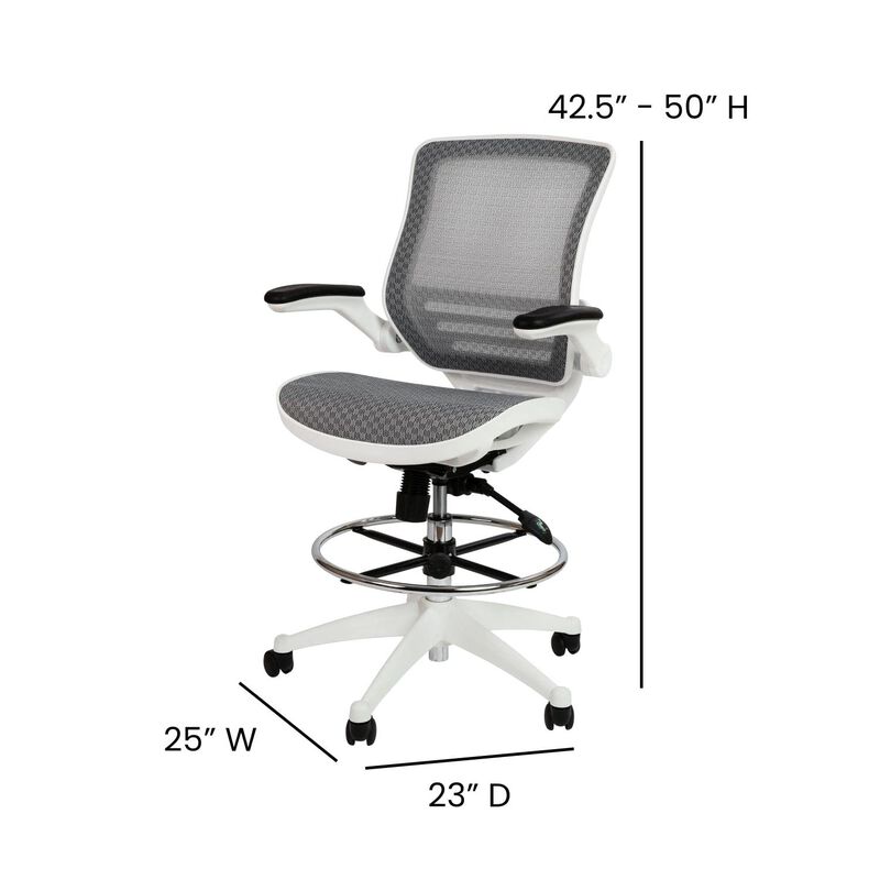 Flash Furniture Waylon Mid-Back Transparent Gray Mesh Drafting Chair with White Frame and Flip-Up Arms