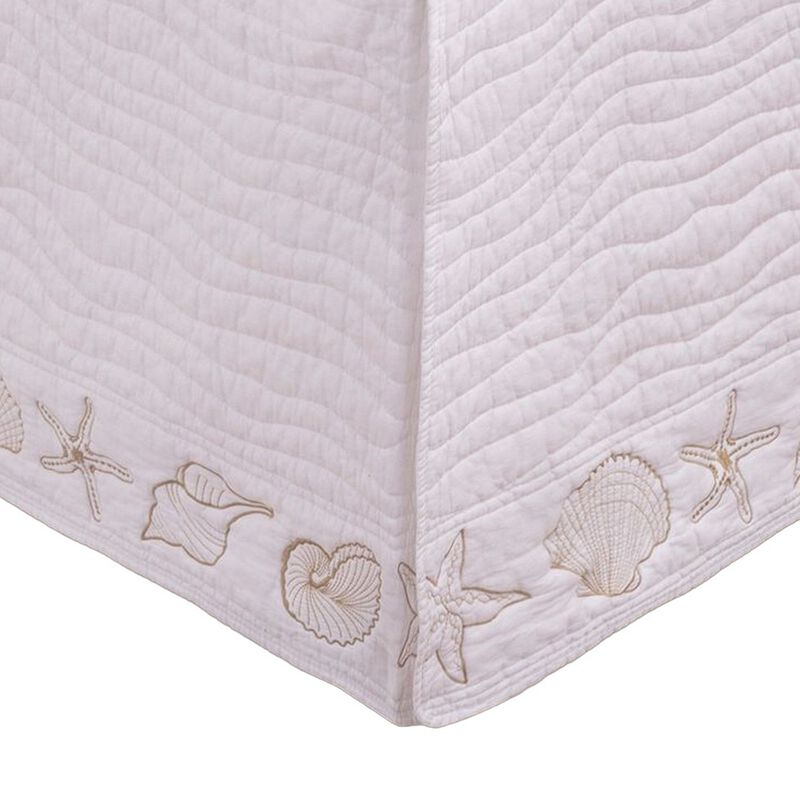 Sima Seashell Quilted Twin Bed Skirt, Cotton Fill, Triple Layered, White - Benzara